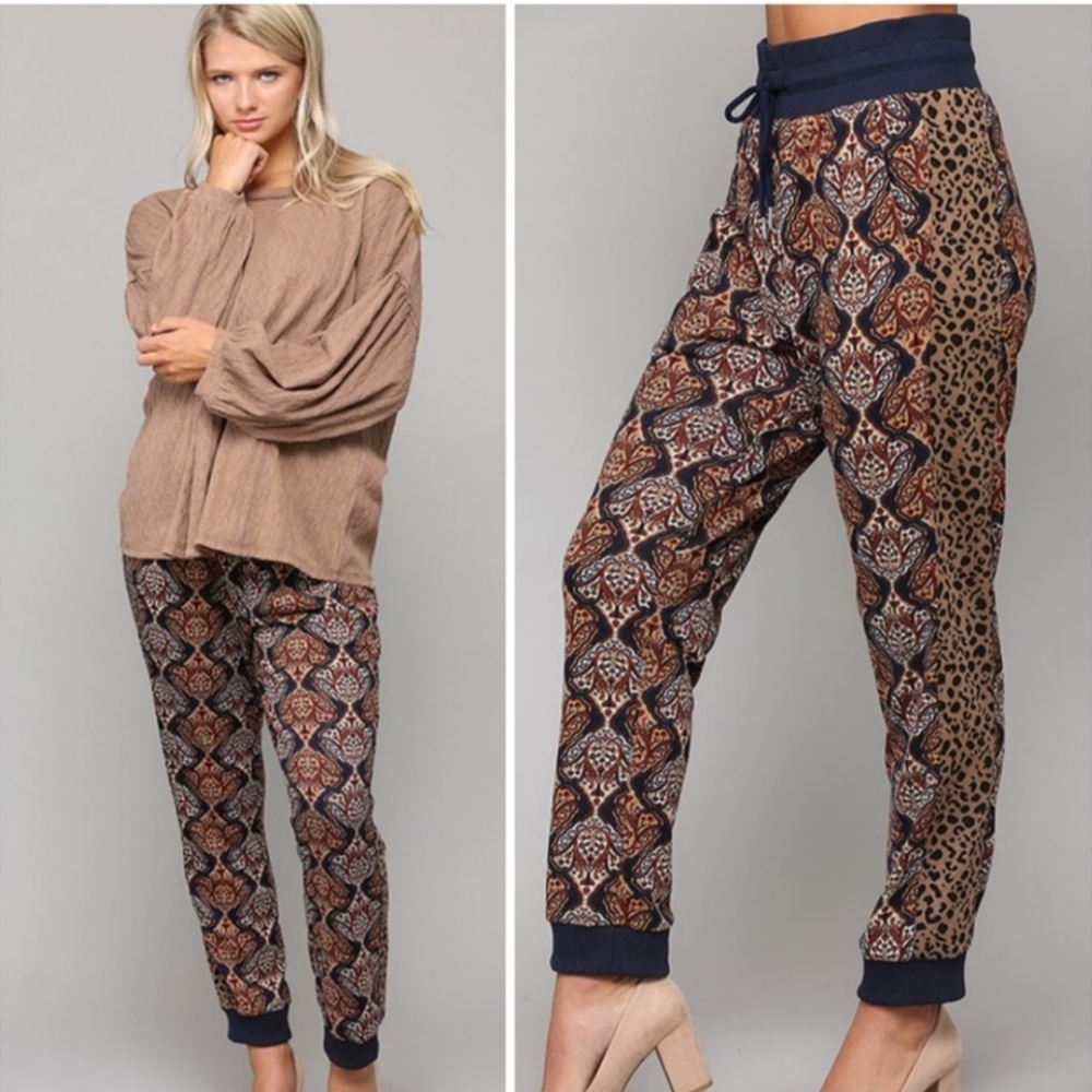 GiGio Boho Printed Knit Navy Joggers With Animal Print Stripe Down The Sides